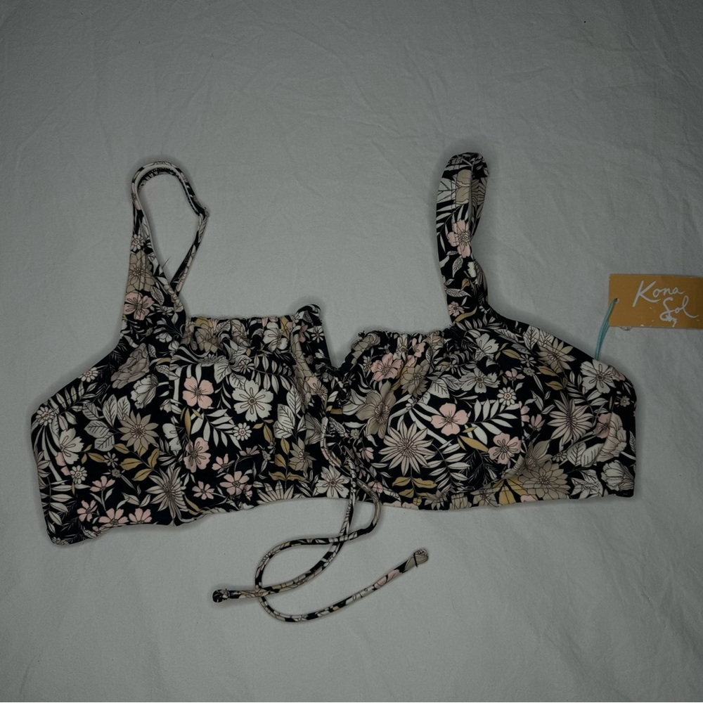 NWT KONA SOL Swim Bikini Top Women's Black with Pink Floral - Adjustable XL - Picture 2 of 8